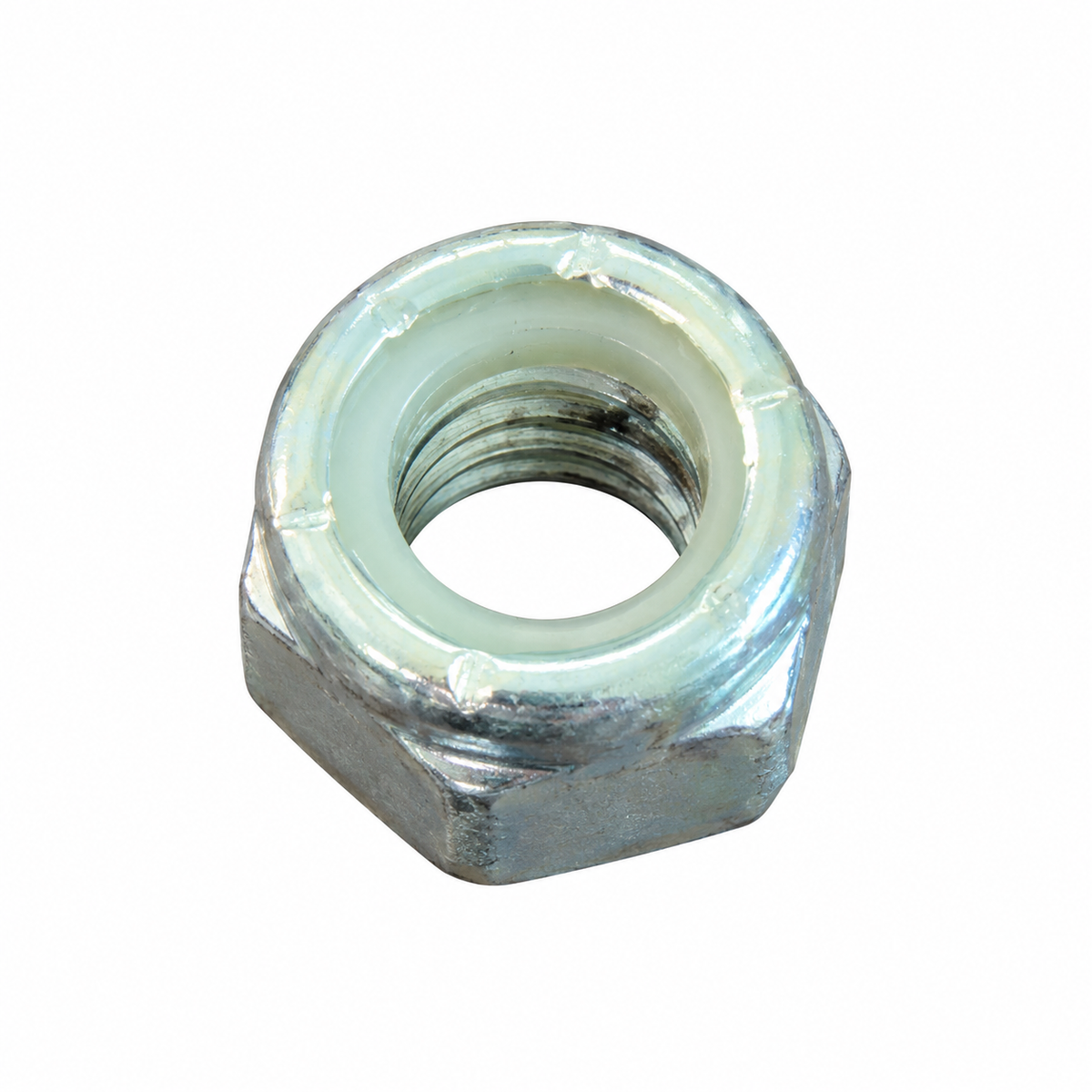 Hillman 180150 5/16-18 zinc plated nylon insert lock nut on white background