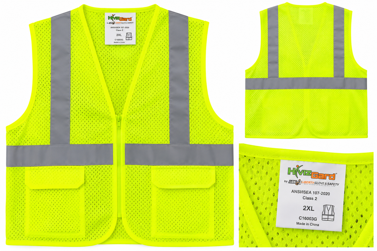HiVizGard C16003G safety vest front back and label details on white background