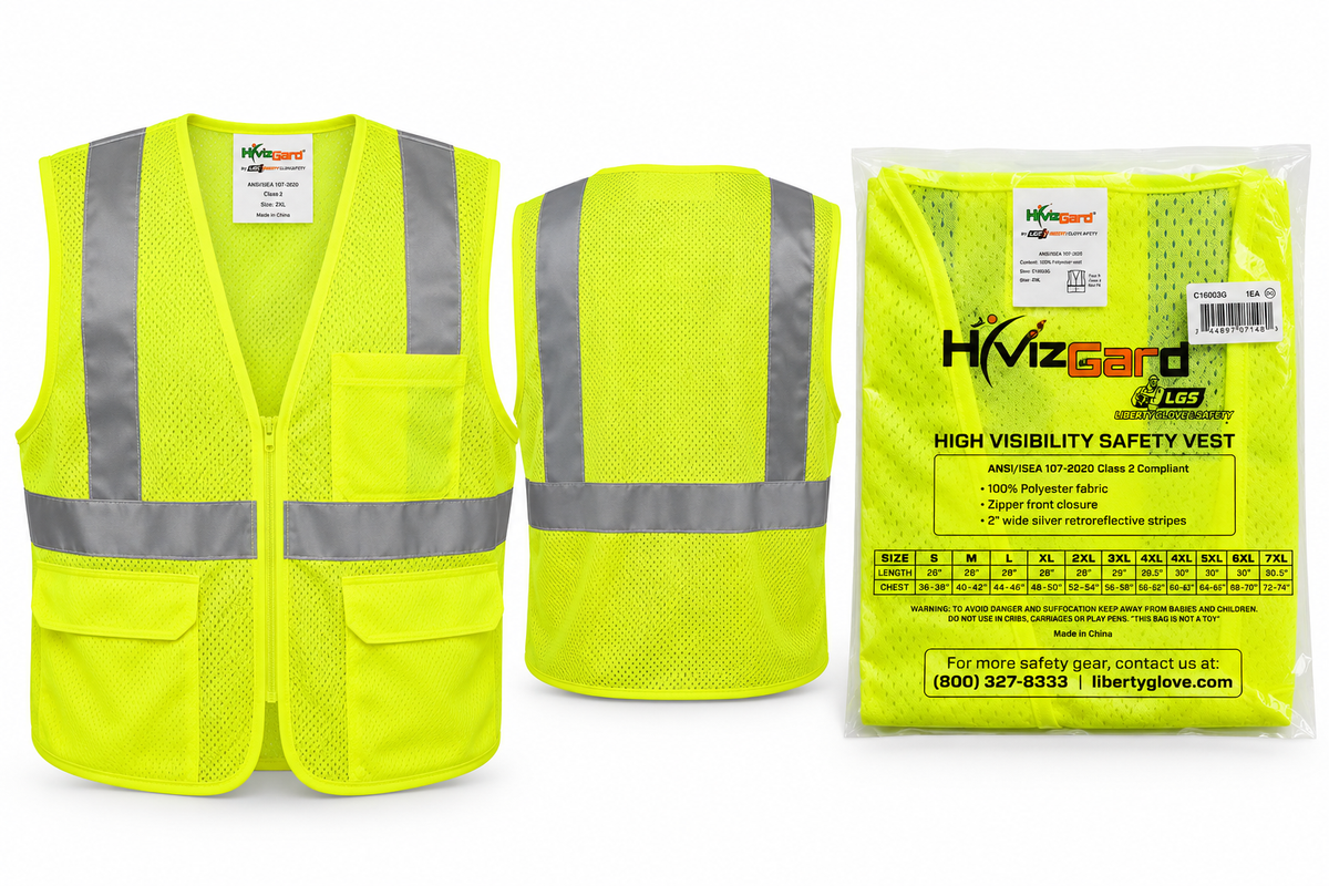 HiVizGard C16003G Class 2 high visibility safety vest front back and package on white background