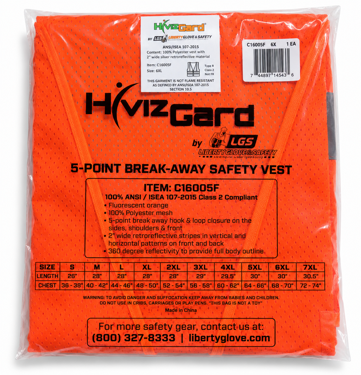 HiVizGard C16005F 6XL breakaway safety vest in package on white background