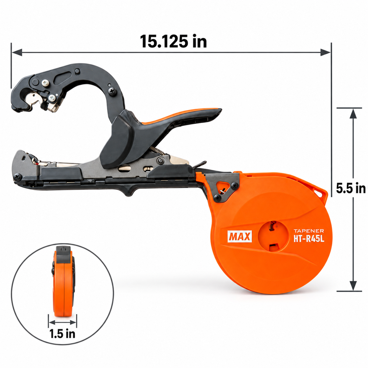 MAX HT-R45L Tapener dimensions 15.125 by 5.5 by 1.5 inches