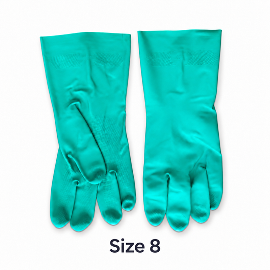 Guantes verdes de nitrilo resistentes a químicos, talla 8, sobre fondo blanco