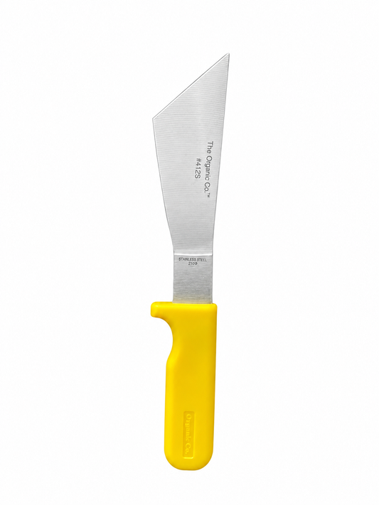 The Organic Co. 412S lettuce harvesting knife with stainless steel blade and yellow handle on white background