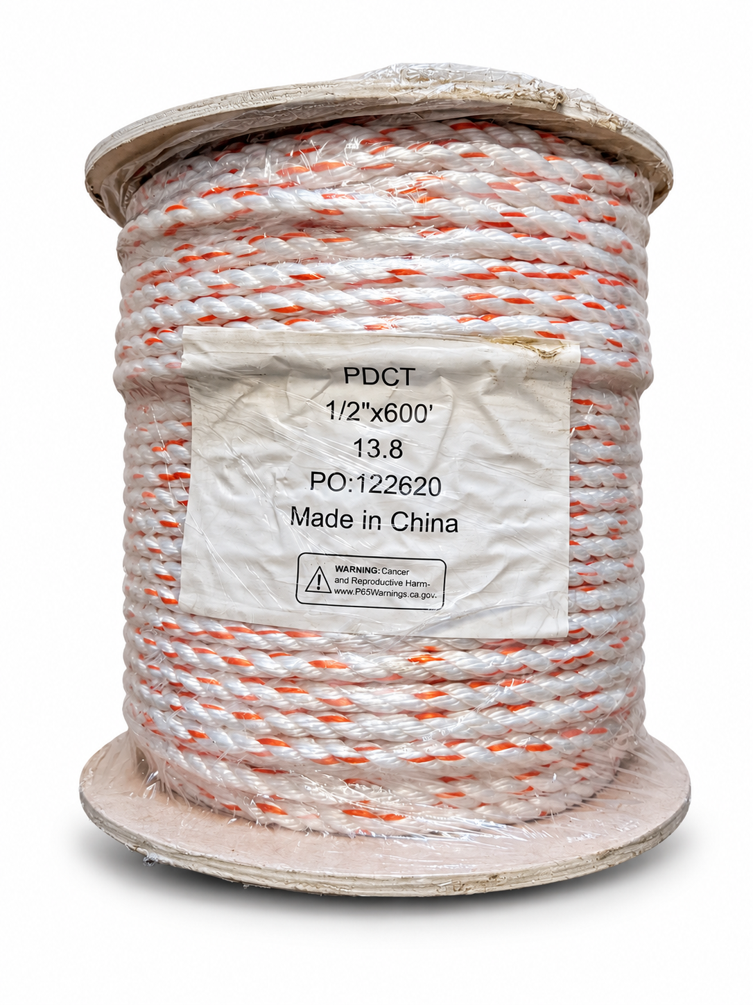 PDCT white and orange rope, 1/2 inch x 600 ft, full spool