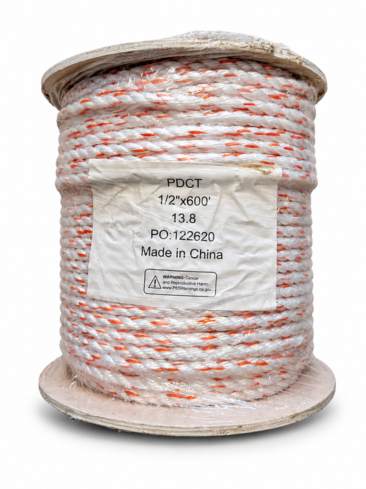 PDCT white and orange rope, 1/2 inch x 600 ft, full spool