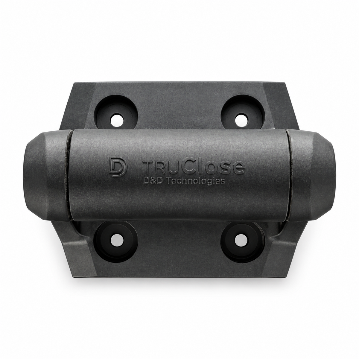 Black TruClose portable toilet door hinge, front view on white background