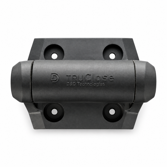 Black TruClose portable toilet door hinge, front view on white background