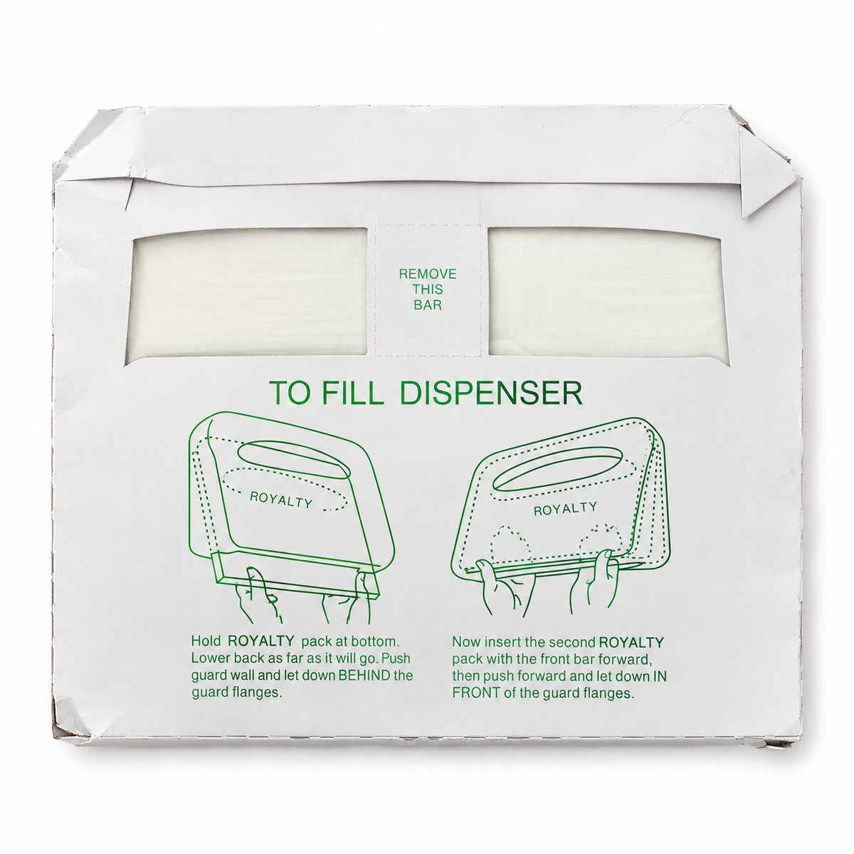 Royalty Premier half-fold seat cover refill pack with dispenser filling instructions
