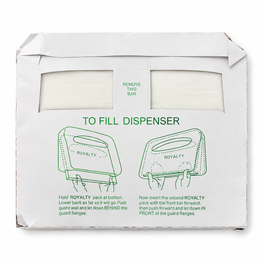 Royalty Premier half-fold seat cover refill pack with dispenser filling instructions