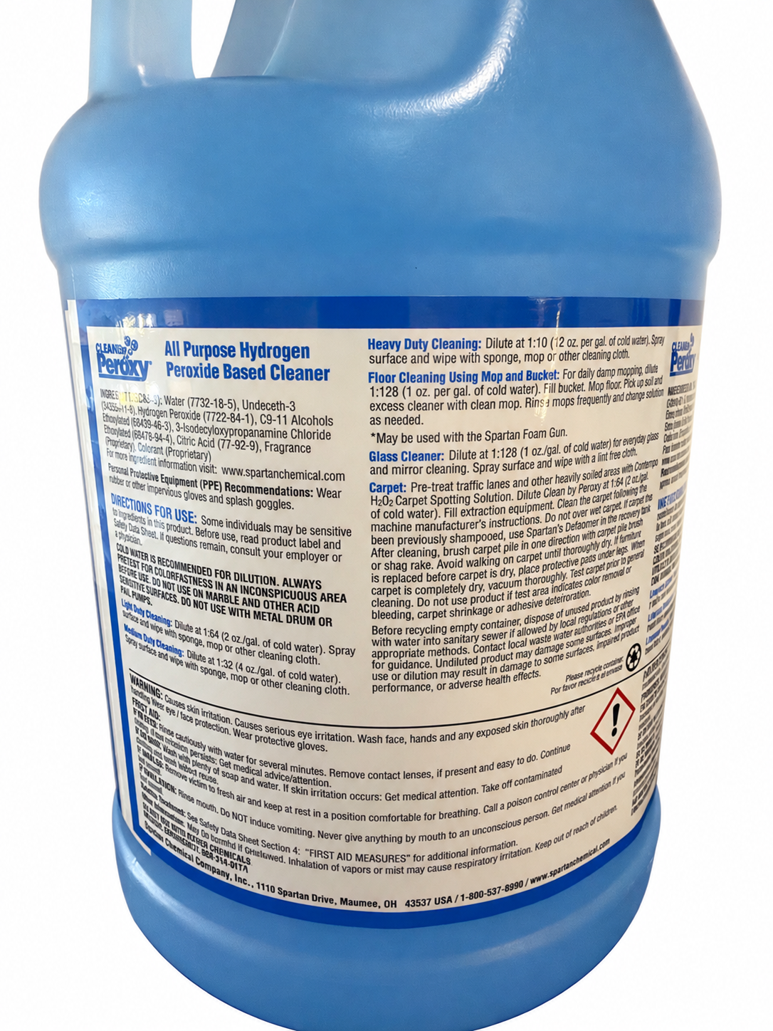 Spartan Clean by Peroxy 1 gallon jug, rear label detail on white background