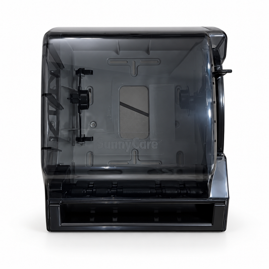 SunnyCare 393 black and grey lever paper towel dispenser, front view