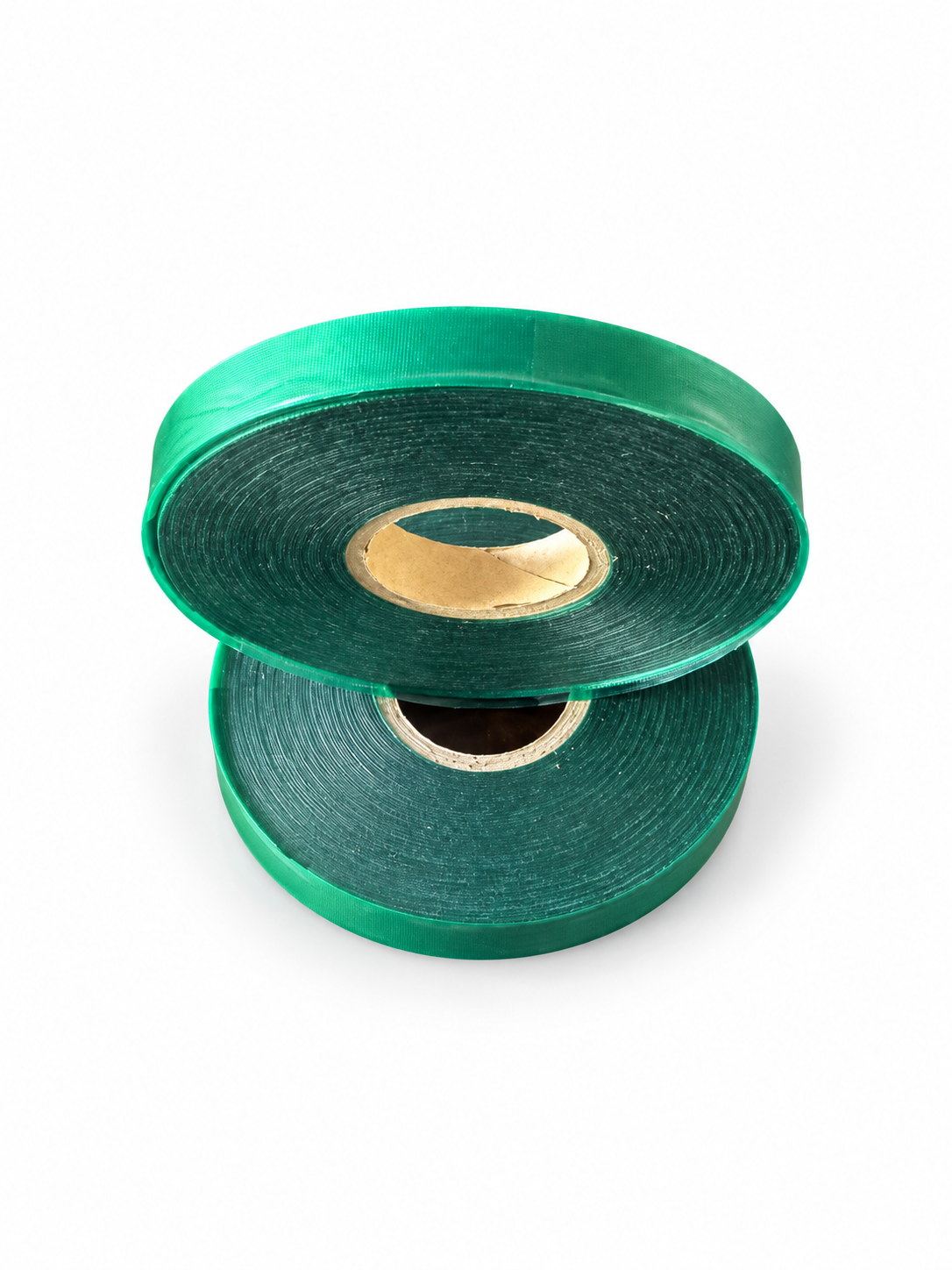 Two green Tie-It machine tie tape rolls, 1/2 inch x 200 ft, on white background