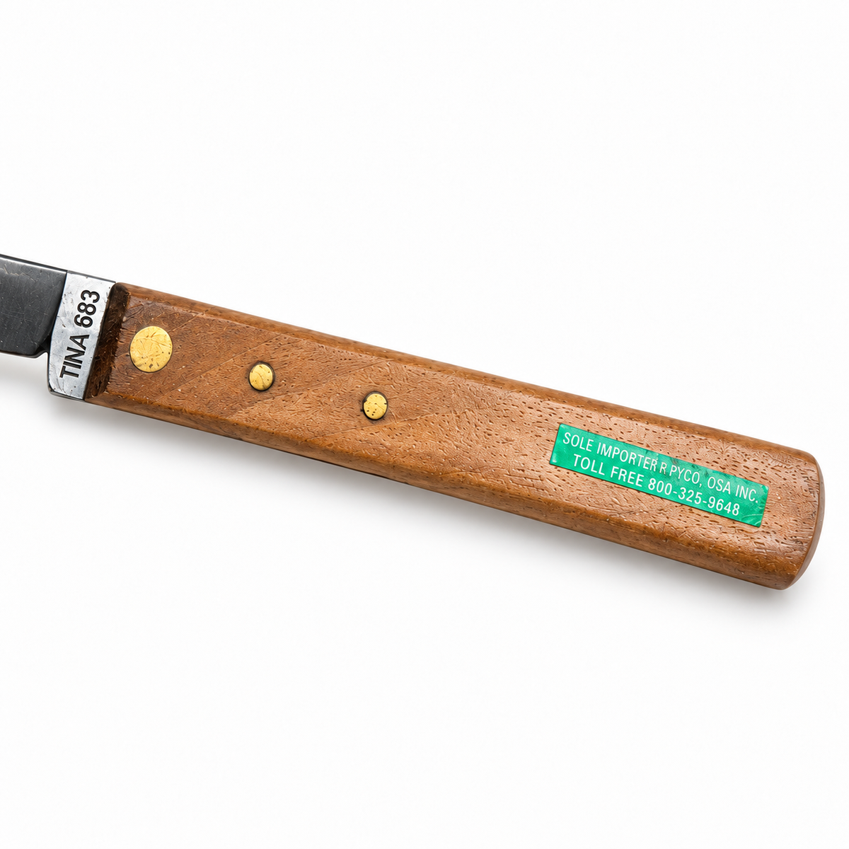Tina 683 grafting knife wooden handle and brass rivets detail