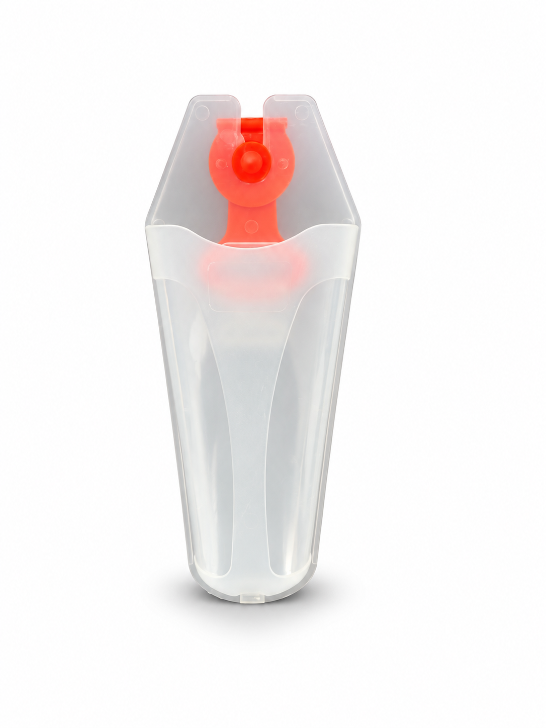 Translucent plastic pruner sheath with red belt clip, front view