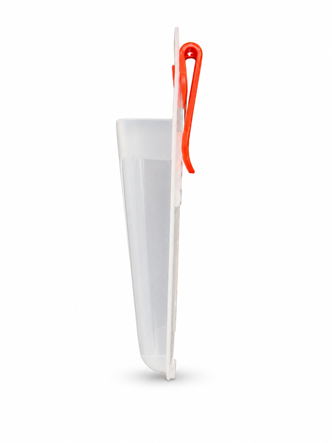 Translucent plastic pruner sheath with red belt clip, side view
