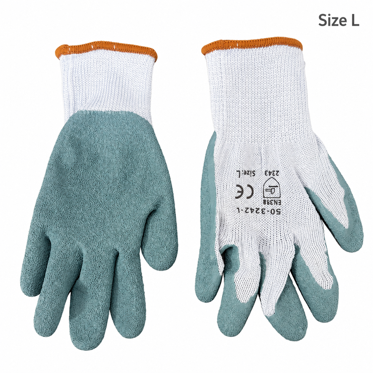 Tuff Gard 50-3242 latex-coated work gloves, size L, palm and back views