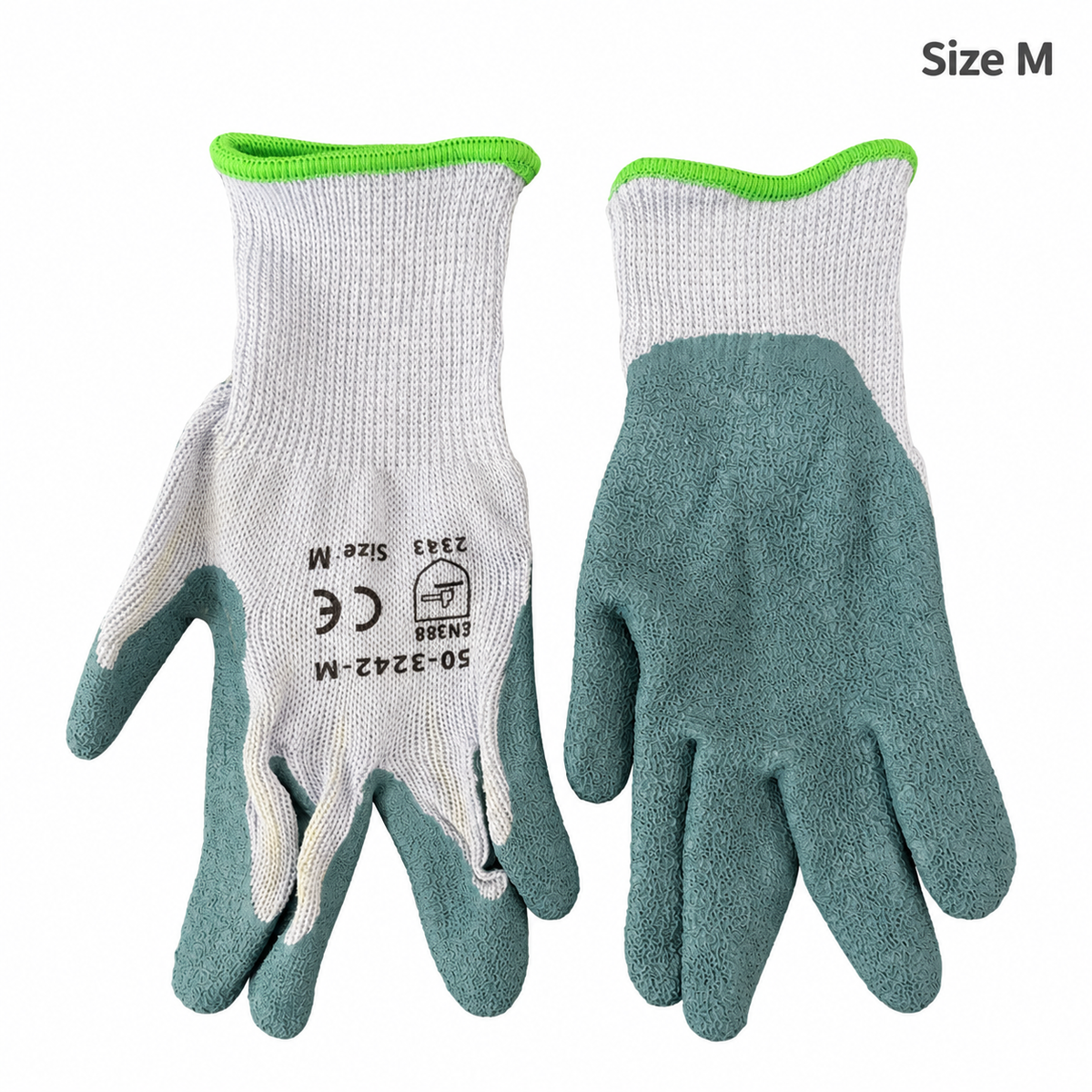 Tuff Gard 50-3242 latex-coated work gloves, size M, palm and back views
