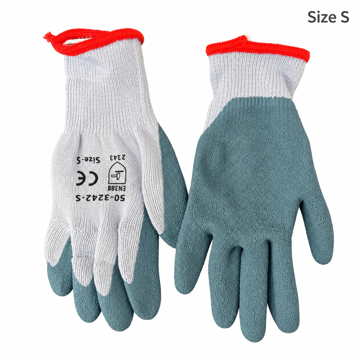 Tuff Gard 50-3242 latex-coated work gloves, size S, palm and back views