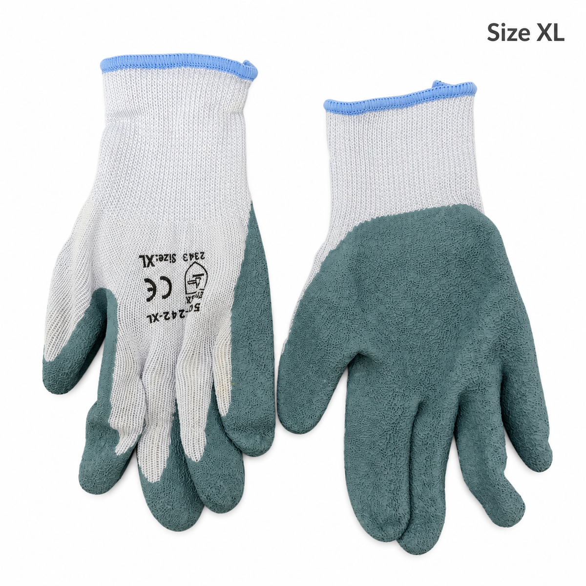 Tuff Gard 50-3242 latex-coated work gloves, size XL, palm and back views