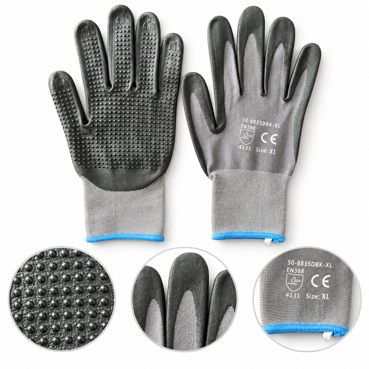 Tuff Gard 15 gauge work gloves with dotted nitrile palm and blue cuff detail