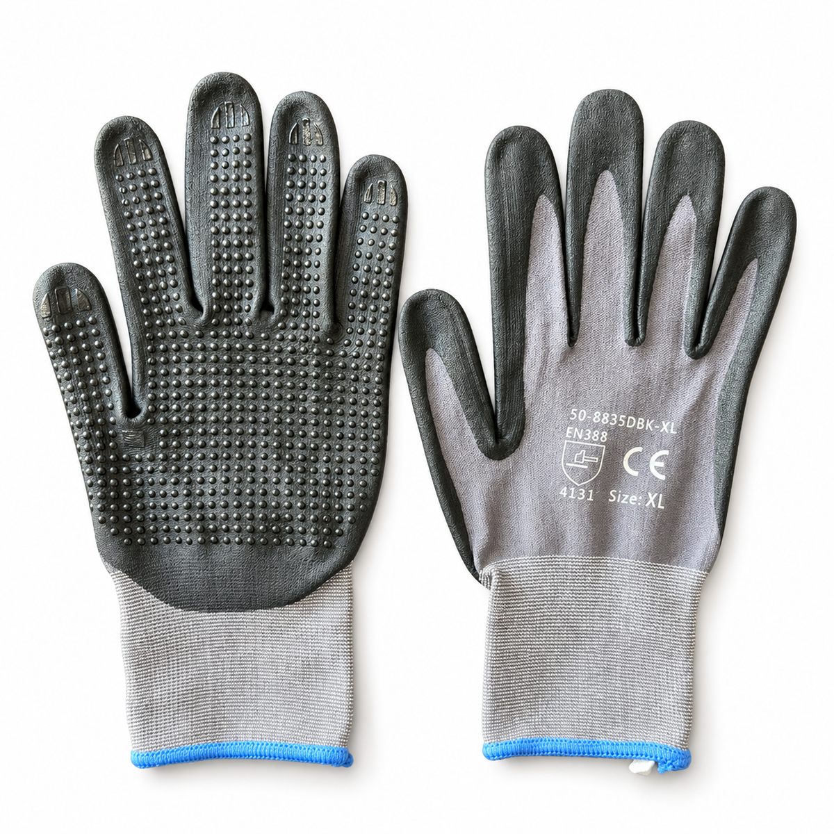 Tuff Gard 50-8835DBK gray nitrile micro-foam work gloves, palm and back view