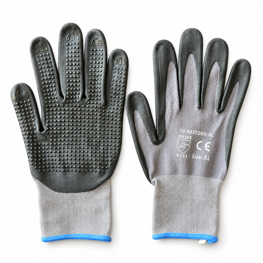 Tuff Gard 50-8835DBK gray nitrile micro-foam work gloves, palm and back view