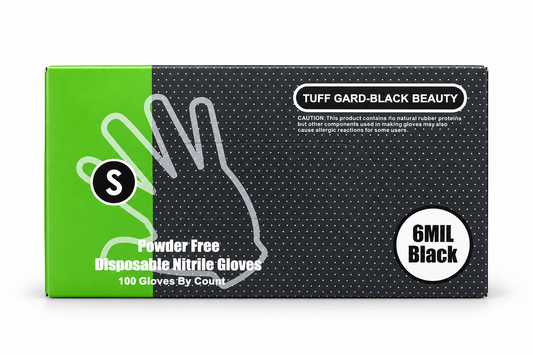 Tuff Gard Black Beauty 6 mil black nitrile gloves, Small box, front view on white background