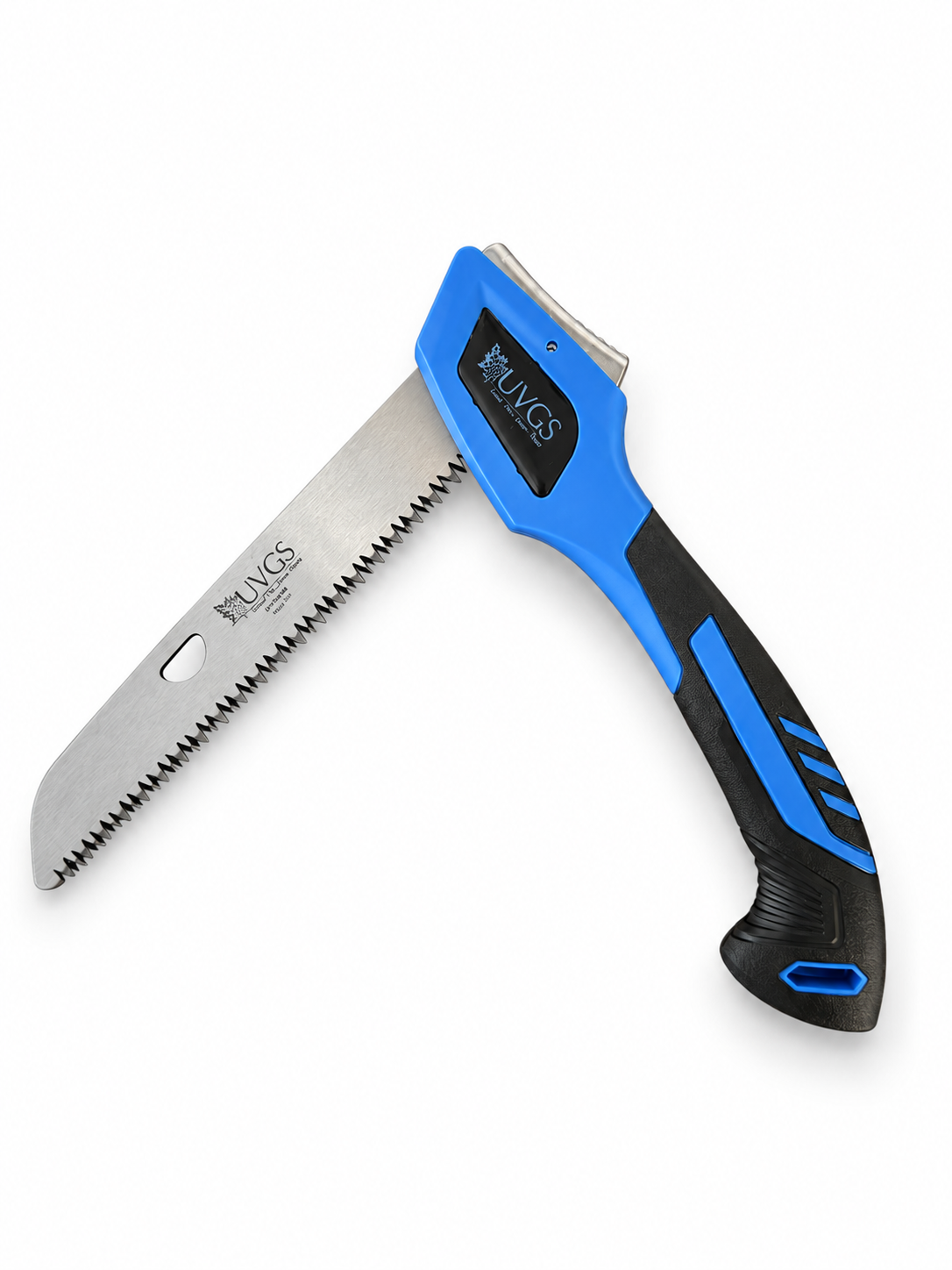 UVGS folding pruning saw with open SK5 blade, blue and black handle, white background