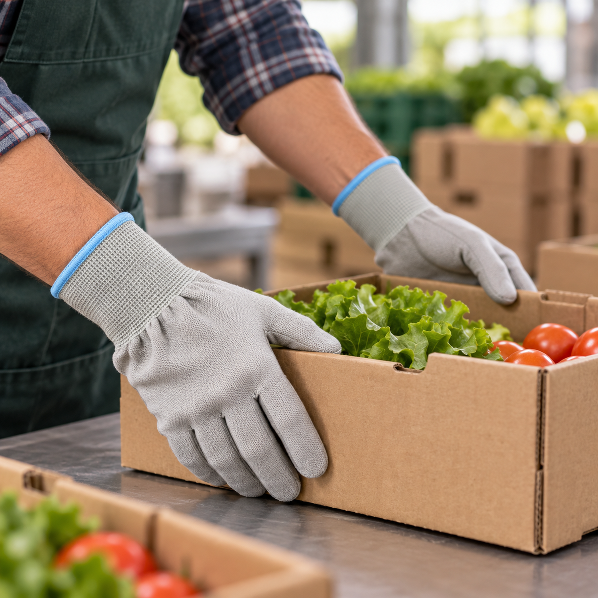 Valley nylon work gloves used for light-duty agricultural produce packing