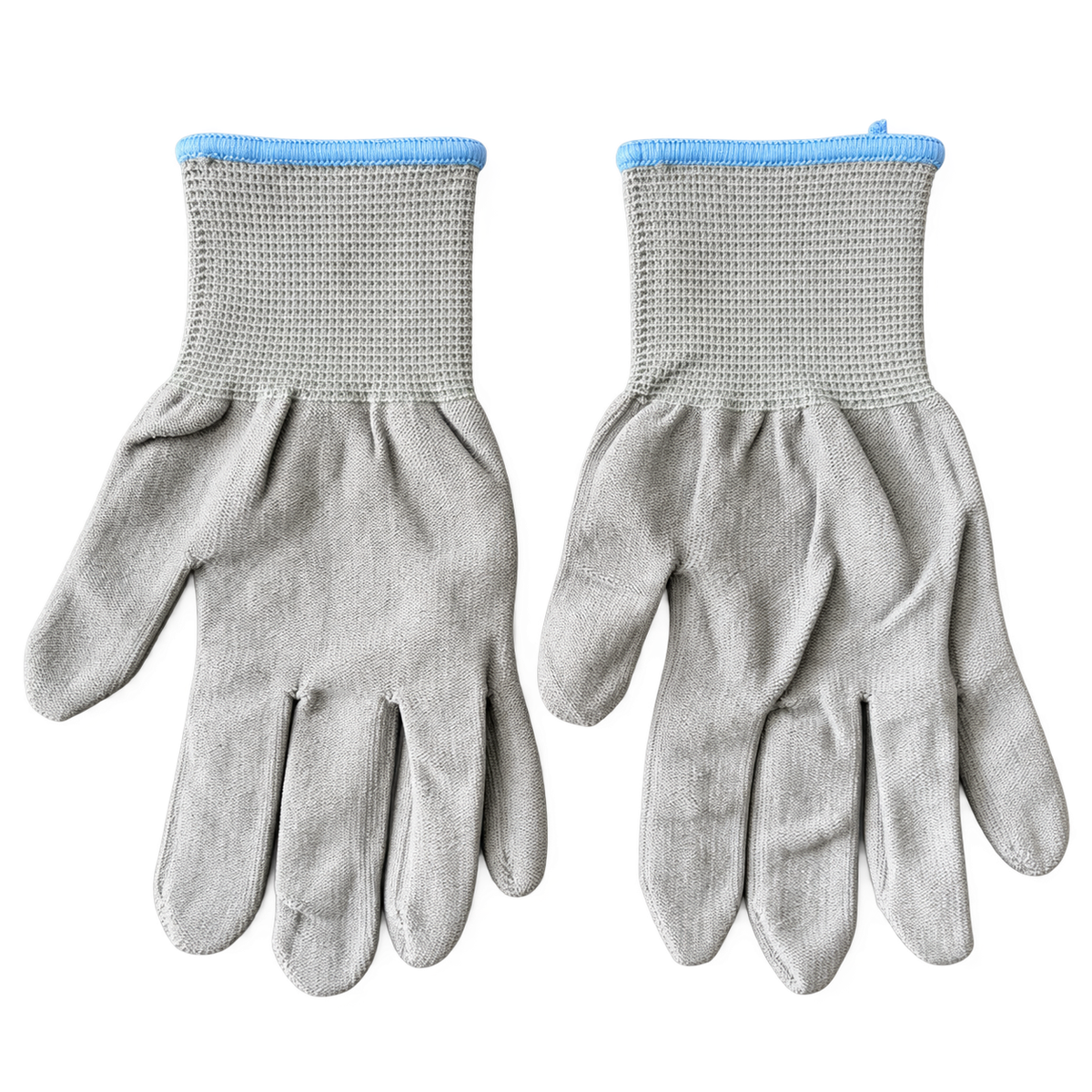 Valley gray nylon work gloves with blue cuff trim on white background