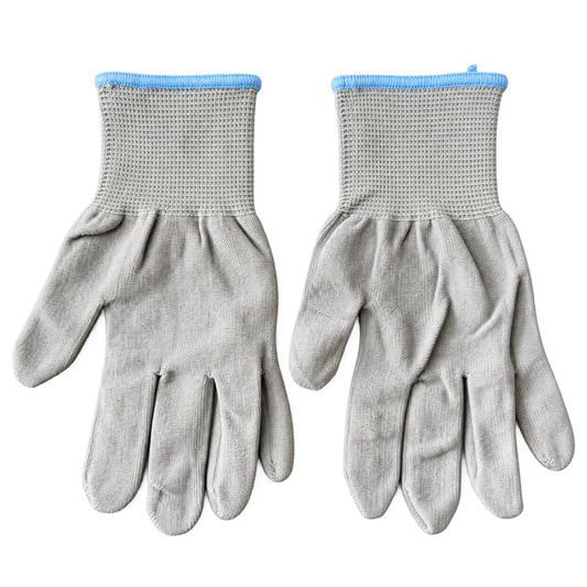 Valley gray nylon work gloves with blue cuff trim on white background