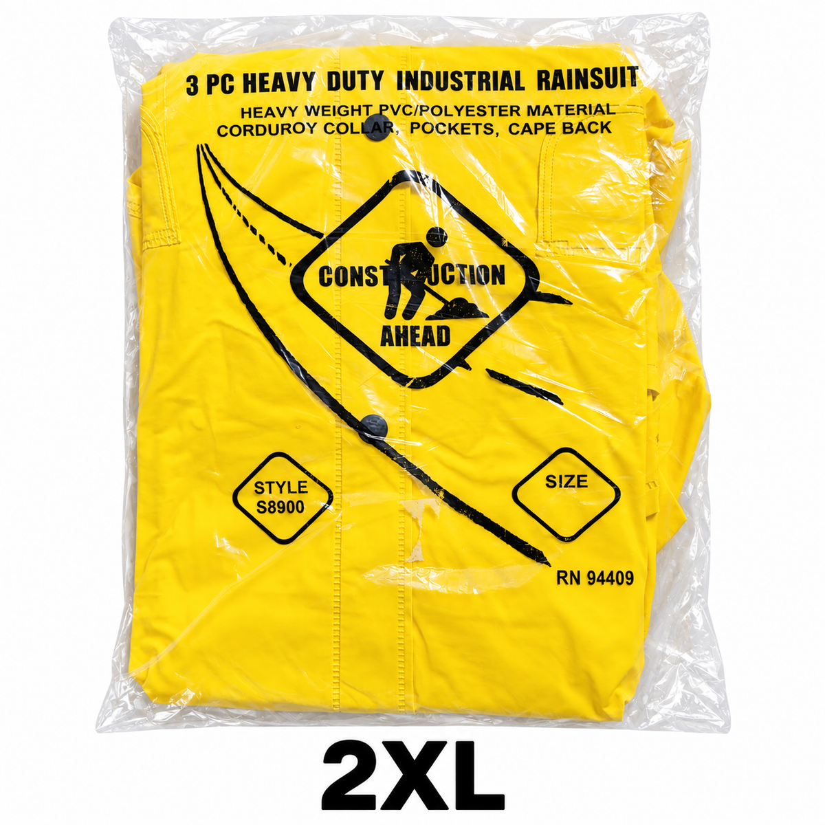 Yellow three-piece rain suit packaged with 2XL size label