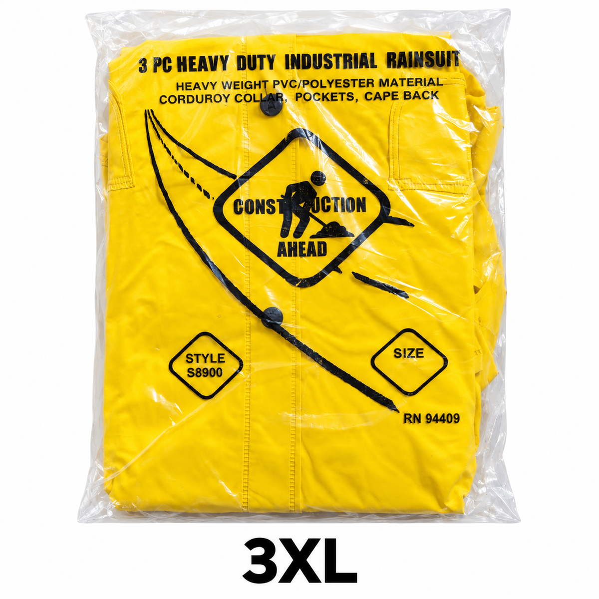 Yellow three-piece rain suit packaged with 3XL size label
