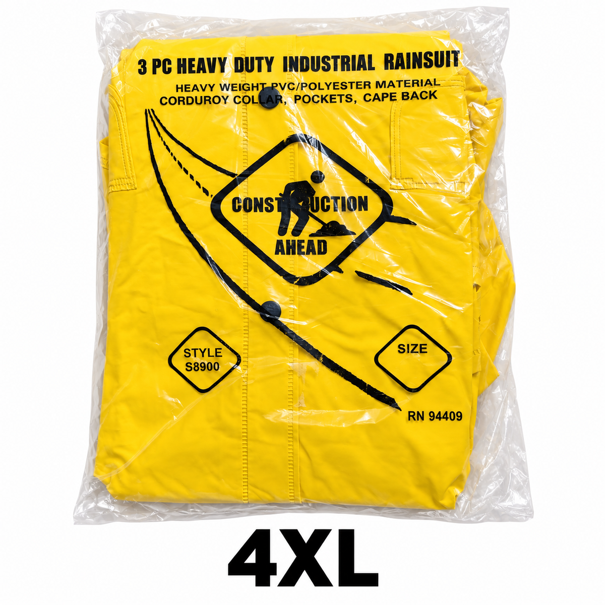 Yellow three-piece rain suit packaged with 4XL size label