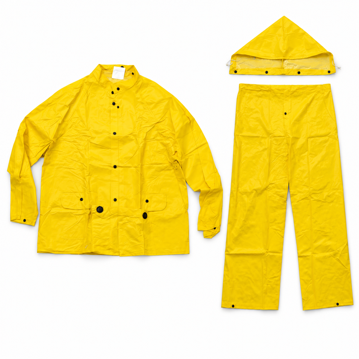 Yellow rain suit three pieces arranged on white background