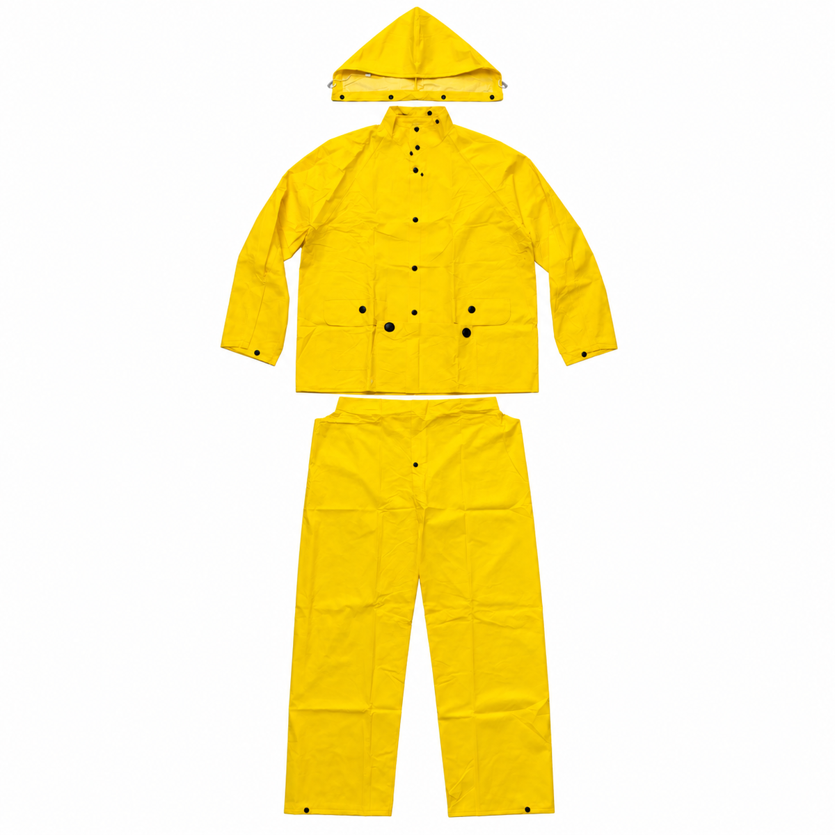 Yellow three-piece rain suit jacket pants and detachable hood outside packaging