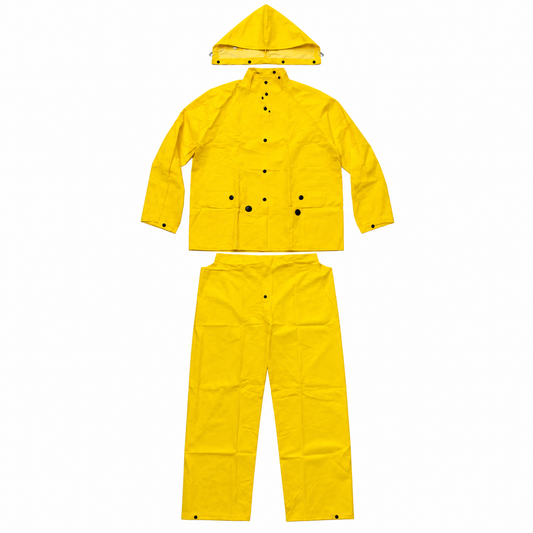 Yellow three-piece rain suit jacket pants and detachable hood outside packaging
