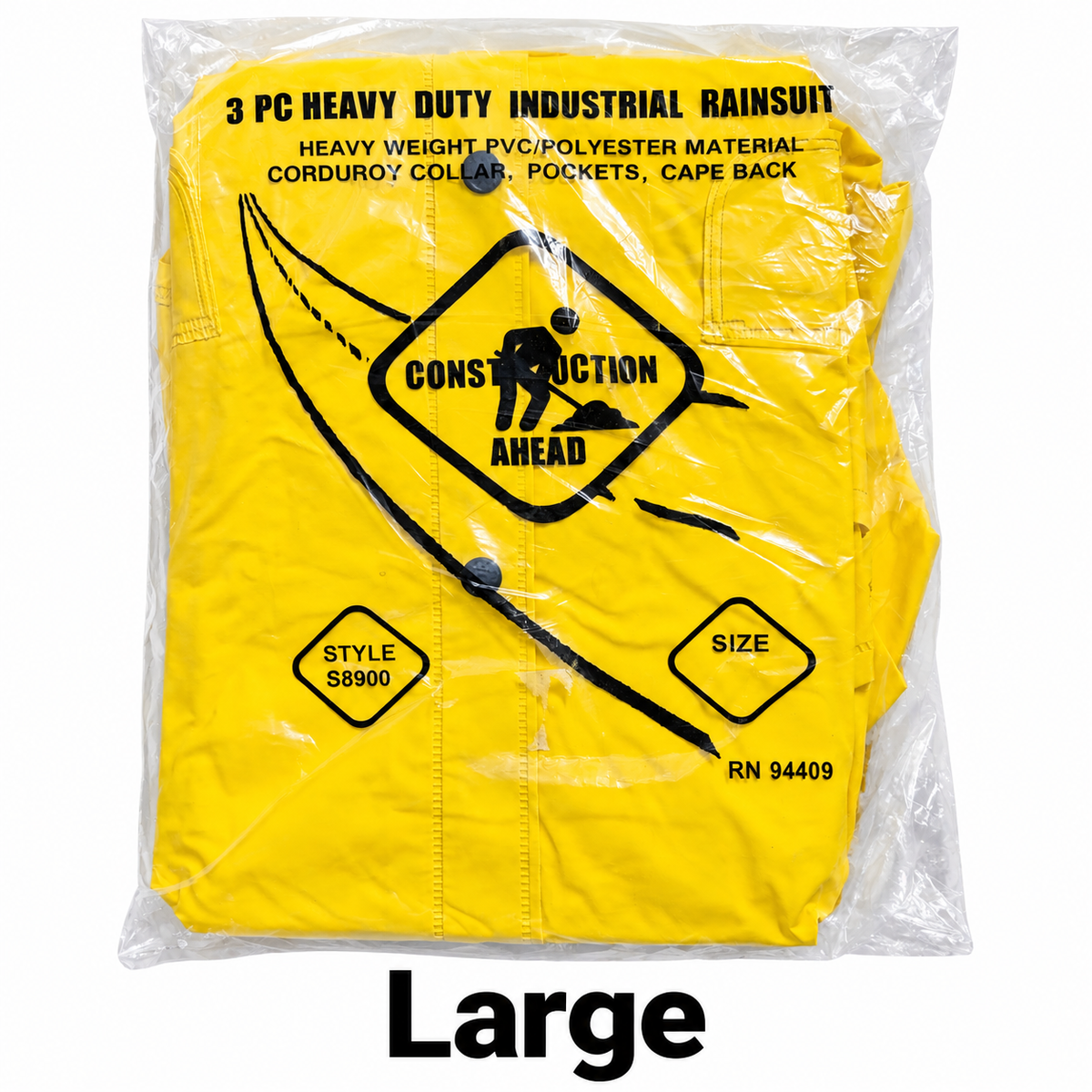 Yellow three-piece rain suit packaged with Large size label