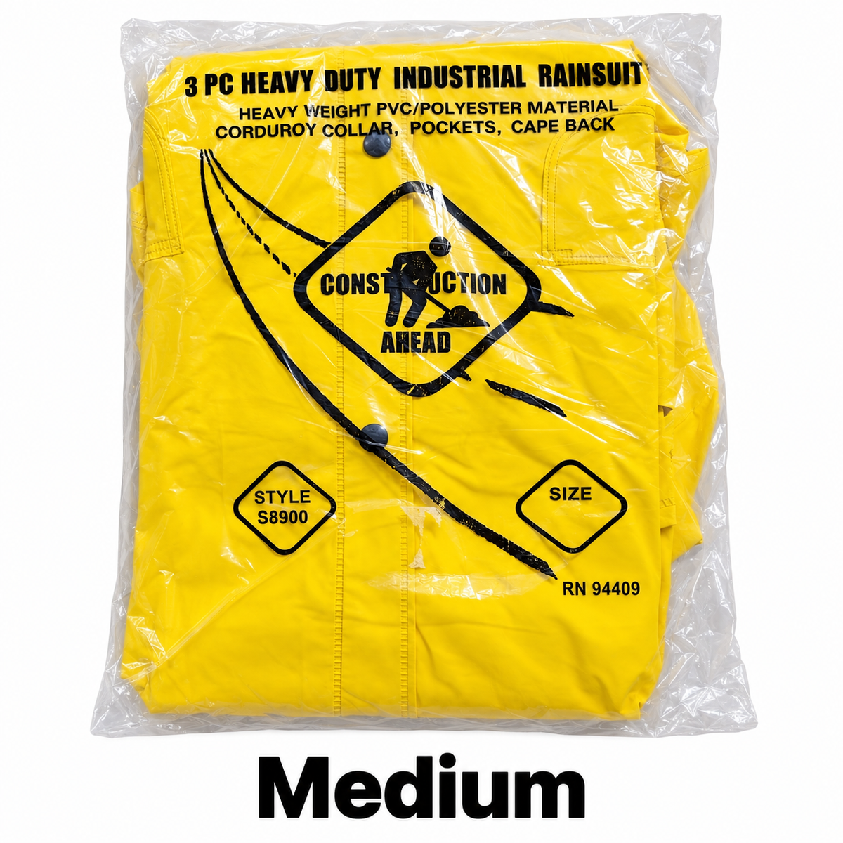 Yellow three-piece rain suit packaged with Medium size label