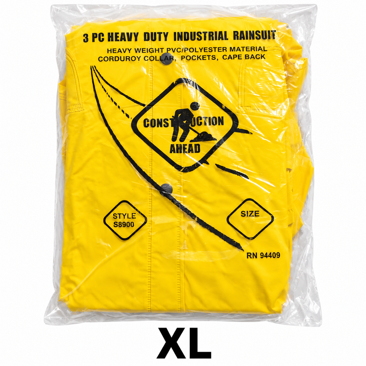 Yellow three-piece rain suit packaged with XL size label